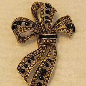 Vintage Gold Tone & Black Ribbon Brooch